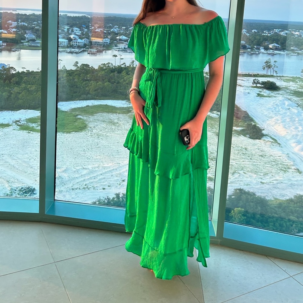 off the shoulders green dress